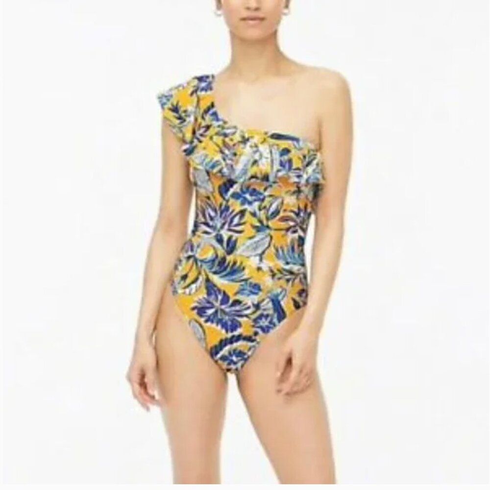 J. Crew Floral Ruffled One Shoulder One Piece Swimsuit Small